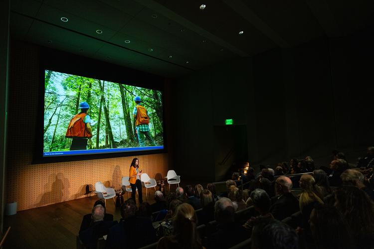 Sara Kuebbing discussing forest management practices at For Humanity Illuminated in Palm Beach